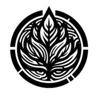 Symbolic Black White Circular Featuring Stylized Leaf Eyes, Abstract Emblem, Isolated on White Grid. vector