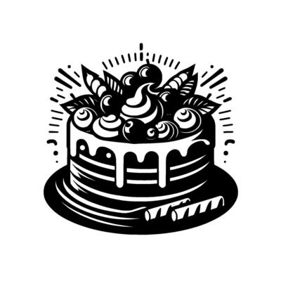Elegant Black White Illustration A Layered Cake Adorned with Whipped Cream, Berries, and Leaves on a Round Plate, in a Style.