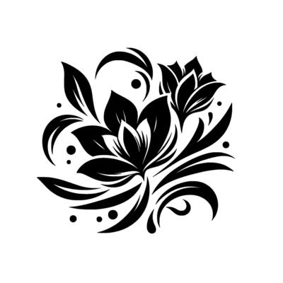 Elegant Black and White Floral Illustration Detailed of Blossoms, Leaves, and Decorative Elements on a White Background.