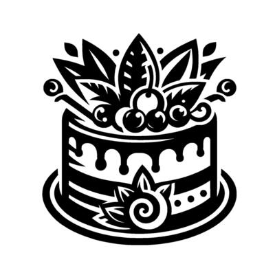 Elegant black and white illustration of a tiered cake, adorned with cherries, leaves, and floral details, set on a platter.
