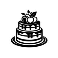 Twotiered black and white cake with stylized apple fruit and leaves, dripping frosting on round platter, simple illustration. vector