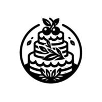 A monochrome cake emblem with three tiers, adorned with cherry sprigs, leaves, and set within a circular frame. vector
