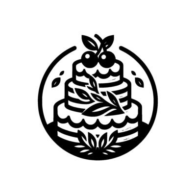 A monochrome cake emblem with three tiers, adorned with cherry sprigs, leaves, and set within a circular frame.
