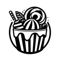 Black and white illustration of a decorated dessert in a striped cup, topped with a swirled ice cream, lollipop, and embellishments, set within a circular frame, featuring a whimsical and playful desi vector