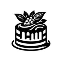 Elegant black and white illustration of a layered cake with dripping frosting, topped with leaves and berries, on a round plate. vector