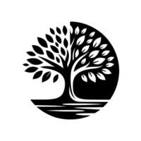 Stylized Black and White Tree of Life Symbol in Circle with Water Element, Representing Growth, Harmony, and Balance. vector