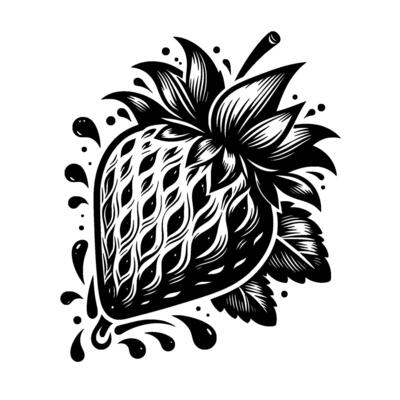 Intricate Black and White Strawberry Illustration with Detailed Petals, Leaves, and Ink Splatters on a White Background.