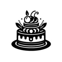 A classic monochrome illustration depicting a layered cake adorned with cherries, leaves, and minimalistic decorative elements, presented on a plate. vector