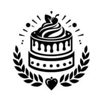 Elegant Black and White Cake Crest, Laurel Wreath with a Heart and a Cherry on Top. vector