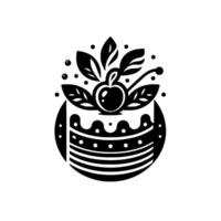 A stylized black and white cake , layered , topped with cherry, leaves, and dots, set within a circle. vector