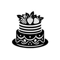 style monochrome illustration of a twotiered cake decorated with strawberries, berries and leaves on a simple plate, against a plain background. vector