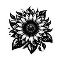Black and white stylized sunflower illustration with intricate petal detail on white background, creating a bold and floral image. vector