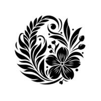 Elegant Monochrome Floral Circular Arrangement of Leaves, Flower, and Bud Elements on a White Background. vector