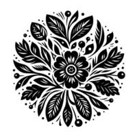 Symmetrical Black and White Floral Mandala Intricate of Flower, Leaves, and Berries, Arranged in a Circular Pattern on a White Background. vector
