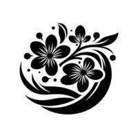 Intricate black floral motif with stylized blossoms, leaves, and berries arranged in a symmetrical, circular composition against a white background. vector