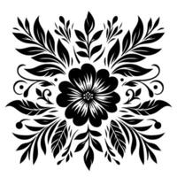 Symmetrical Black and White Floral Pattern with a Central Bloom and Flourishes, Modern Art vector