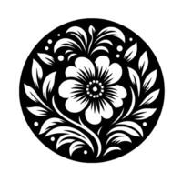 Elegant Black and White Floral Within a Circular Frame A Stylized Flower and Leaf Composition with High Contrast and Decorative Elements. vector