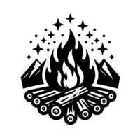 Stylized campfire illustration with a central blaze, flanked by mountains, under a celestial arrangement of stars and dots in a bold, monochromatic . vector