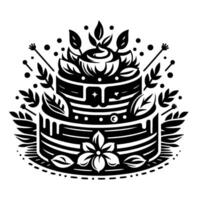 Twotiered black and white illustrated cake adorned with leaves, frosting, stars, and a flower, on a decorative plate. vector
