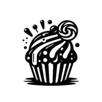 A whimsical black and white illustration of a cupcake with striped frosting, adorned with a swirl lollipop and decorative elements. vector