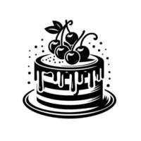 Monochrome illustration of a layered cake with cherry topping, dripping frosting, and simple, clean on a plate, isolated on a white background. vector