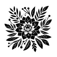 Intricate symmetrical floral mandala in a striking black and white , surrounded by stylized leaves and berries, creating a captivating artistic pattern. vector