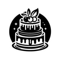 A whimsical, monochrome illustration of a threetiered cake adorned with cherries and leaves, set against a black circular backdrop with sparkling stars. vector