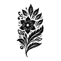Stylized floral in black ink, featuring a large open flower and ornate leaves, on a clean white background, evoking a sense of elegance and simplicity. vector