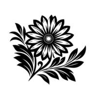 Intricate black and white floral featuring a large flower surrounded by stylized leaves and stems, isolated on a white background, creating a striking contrast. vector