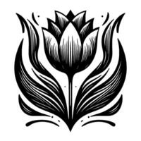 Bold, symmetrical black and white illustration of a stylized tulip with intricate leaf patterns, exuding elegance. vector