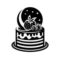 A stylized black and white cake illustration, layered with frosting, topped with strawberries, and a moon and stars. vector