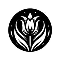 Black and white, minimalistic floral of a tulip inside a circle, evokes a sense of elegance and simplicity. vector