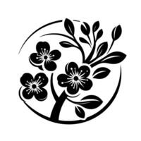 Elegant monochrome floral featuring black cherry blossom flowers, leaves, and branches within a circular frame on a white background. vector