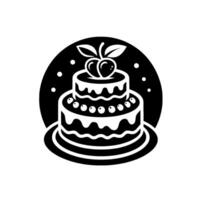 Elegant monochrome illustration of a layered cake adorned with cherries and set against a black circular background, minimalist . vector