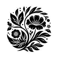 Intricate Black and White Floral Circle featuring stylized flowers, leaves, and decorative elements, creating a harmonious and elegant botanical composition. vector