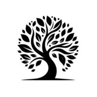 Stylized, Black and White Circular Tree Illustration with Leafy Branches and Minimalist Aesthetic, Set Against a Bright Background. vector