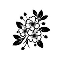 Monochromatic floral of a stylized cluster of blossoms with leaves and buds, set against a white background. vector