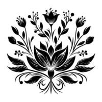 Elegant symmetrical black floral with intricate leaf patterns and stylized flowers, arranged in a balanced, decorative composition against a white backdrop. vector