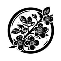 Artistic Black and White Cherry Blossom Branch Within a Circle, Featuring Delicate Petals and Budding Flowers, Decorative . vector