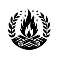 Stylized monochrome campfire within a laurel wreath, symbolizing warmth, tradition, and natures power, isolated on a clean white background. vector