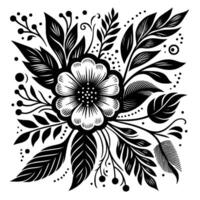 Intricate Black and White Floral Arrangement A symmetrical with a large centered flower, various leaves, berries, and decorative dots, evoking a sense of natural elegance and modern simplicity vector