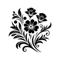 A symmetrical black and white floral featuring stylized flowers, leaves, and ornamental elements, creating a harmonious arrangement. vector