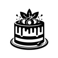 Elegant Monochrome Cake Round, Layered, Dripping Chocolate, Topped with Berries and Leaves, on a Plate, Black White . vector