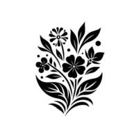 Elegant Black and White Floral Arrangement with Decorative Leaf Elements and Bold Composition on Clean White Background. vector