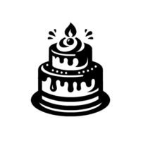 Twotiered birthday cake in black and white, with a lit candle, dripping frosting, and a minimalist, modern on a white background. vector