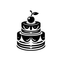Elegant black and white twotiered cake illustration with decorative icing and a cherry on top, showcasing a minimalist and classic on a white background. vector