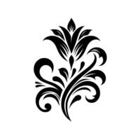 Intricate Black Floral Scroll with Foliage and Petals, Silhouetted on a White Background, Featuring Stylized Swirls and Leaf Accents. vector