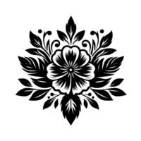 Symmetrical Black and White Floral with Detailed Leaves, Petals and Swirls on a Clean White Background, perfect for patterns. vector