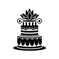 Elegant Black and White Tiered Cake with Lotus Flower Topper, Decorative Scrolls and Ornate Patterns, Festive . vector