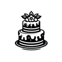 Black and White Illustration of a TwoTiered Cake Decorated with Floral Topping and Dripping Icing on a White Background. vector